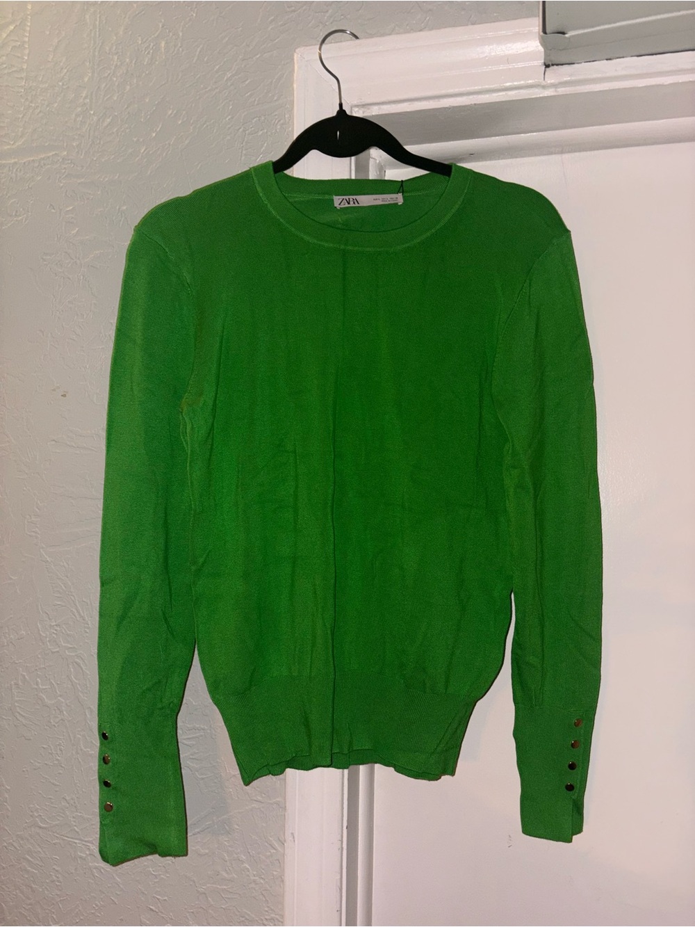 Zara Bright Green Crewneck Sweater with Button Cuffs